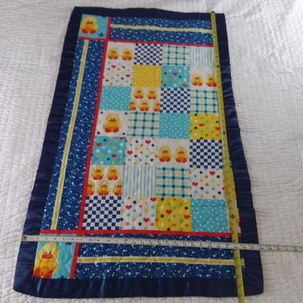 Handmade Baby Quilt Duck Patchwork Blanket Satin Trim Play Mat Blue Yellow 45x28